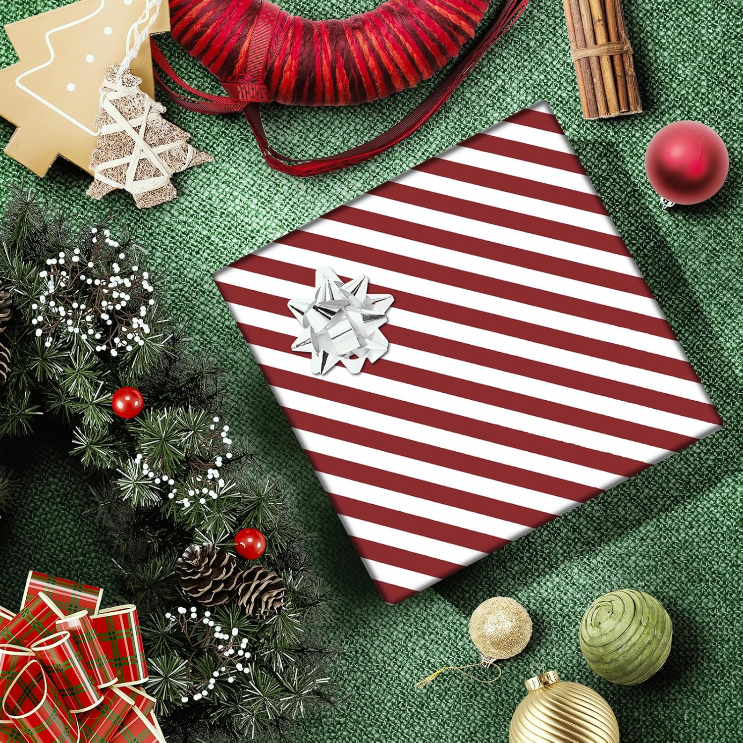 Classic Red & White Stripes Candy Cane Christmas Luxury Holographic Aluminized Foil Wrapping Paper- 1 Mini Roll 17 X 10 Ft Per Roll 14.1 Sq.Ft.Ttl For Women Men On Christmas Season, Birthday, Holiday, Wedding, Baby Shower Celebration
