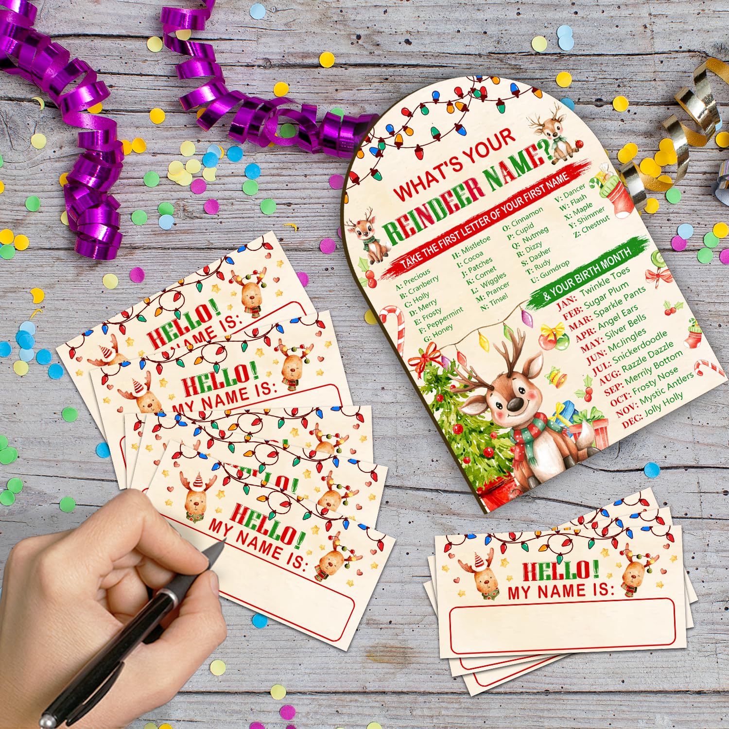 What'S Your Reindeer Name Game, Winter Family And Birthday Party Game For Adults And Teens, Winter Reindeer Party Supplies, Perfect For Home Activities, 1 Wooden Name Plate And 30 Stickers