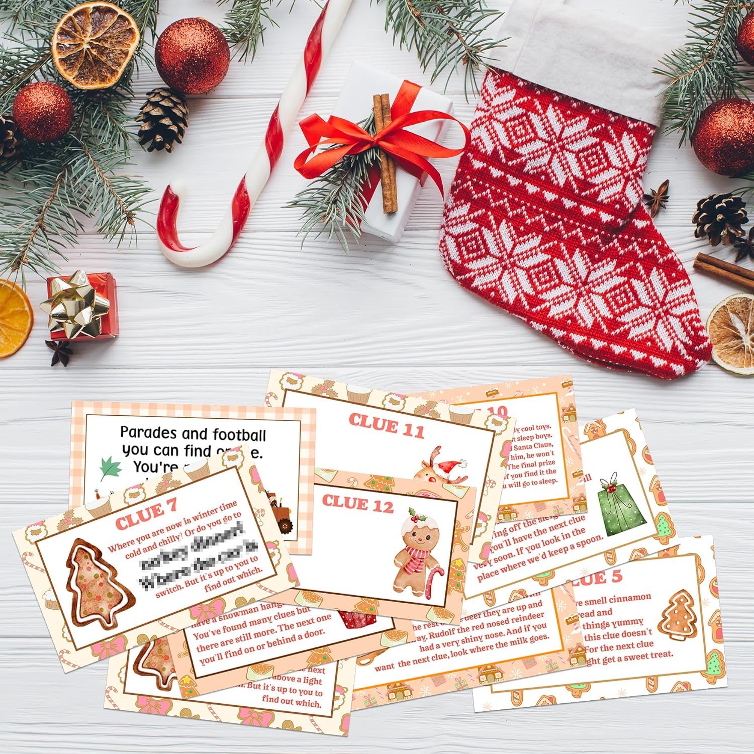 Christmas Scavenger Hunt Games, Gingerbread Man Clue Hunting Games For Party, Merry Christmas Party Decor Supplies Favors, Xmas Indoor Outdoor Activities For Family, 12 Cards With Envelopes -02