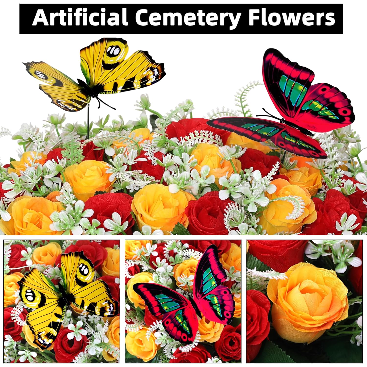 Artificial Cemetery Flowers For Grave,Large Headstone Flower Saddle Realistic Grave Flowers Memorial Silk Rose Flowers With Butterflies For Headstone Grave Decoration Non-Fading Easy Fit (Red Yellow)