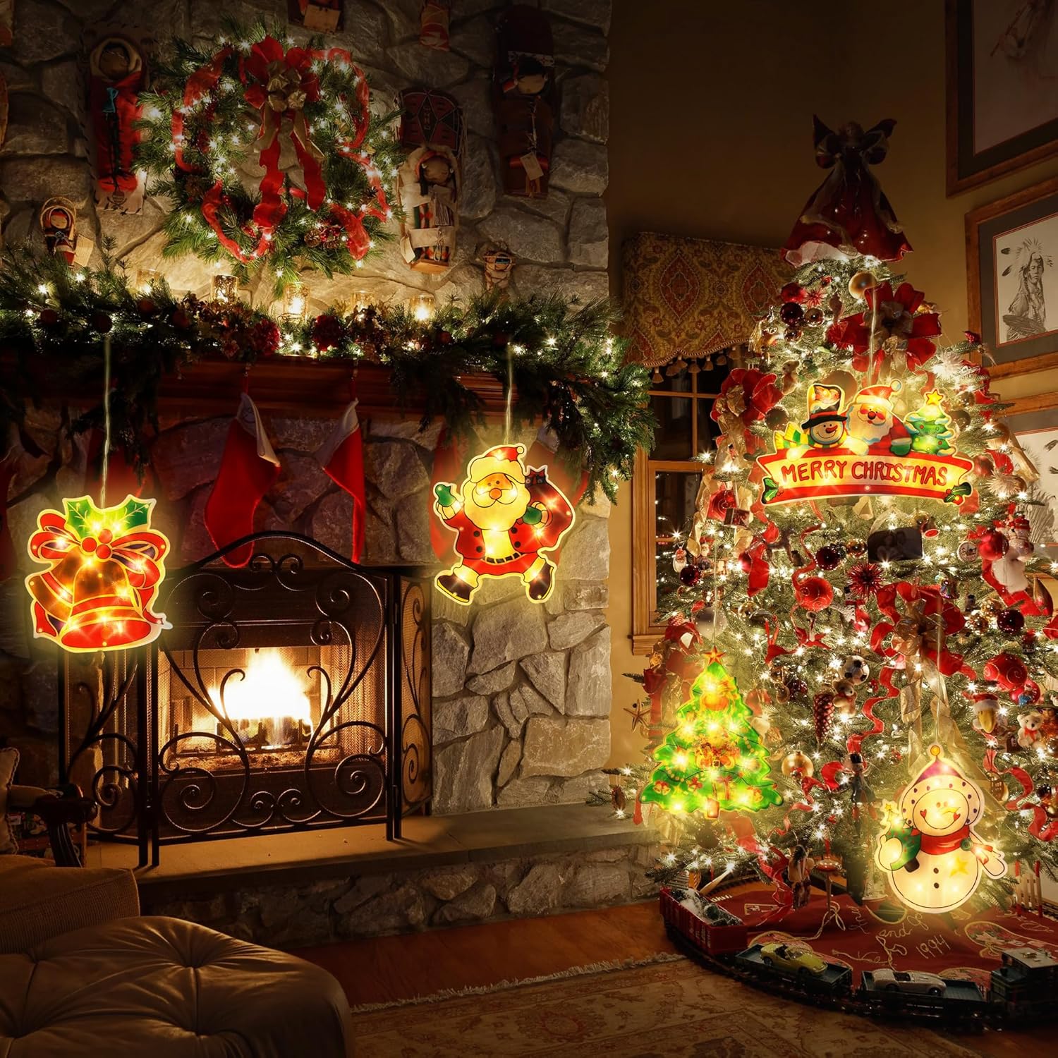 5Pcs Window Christmas Decoration Lights, Battery Operated With Suction Cup Hook Hanging