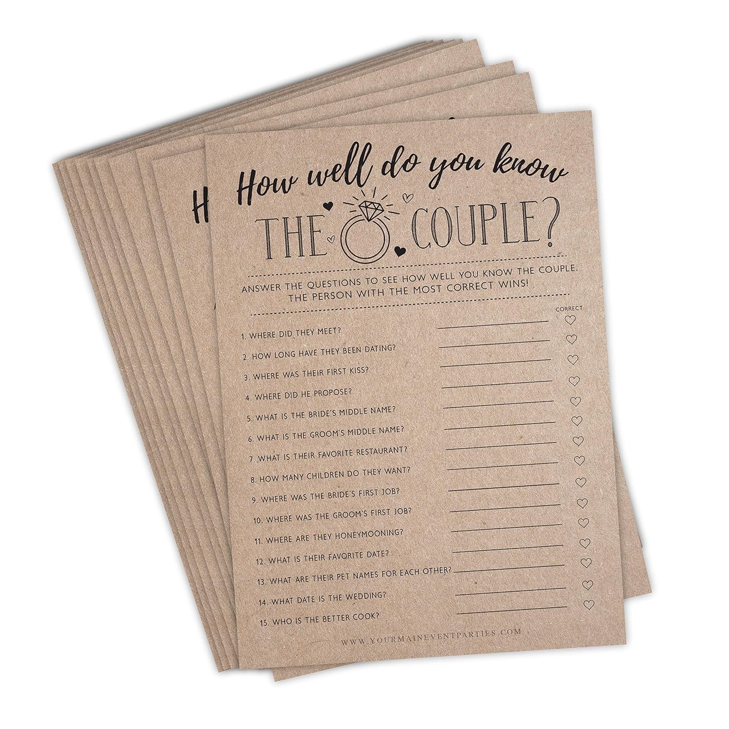 Bridal Shower Games, Fun Activities, Kraft Minimalist Style (How Well Do You Know The Couple) - 50 Cards Per Pack