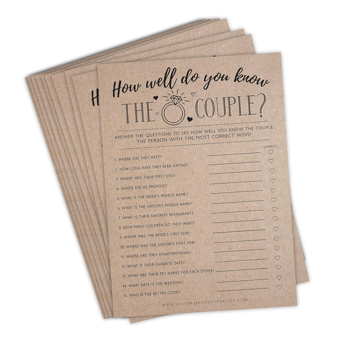 Bridal Shower Games, Fun Activities, Kraft Minimalist Style (How Well Do You Know The Couple) - 50 Cards Per Pack