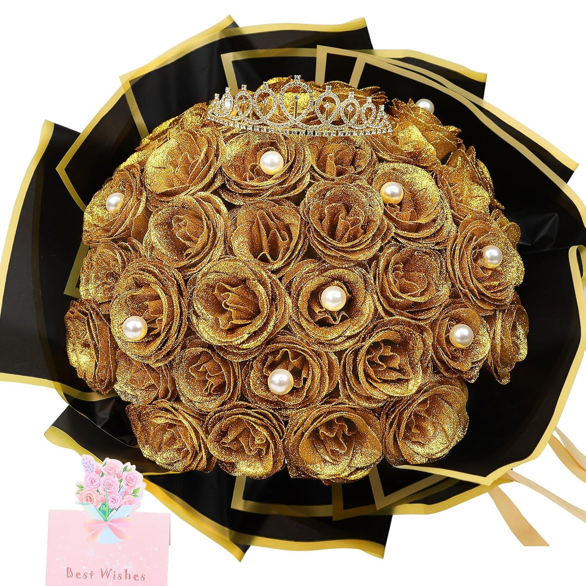 Diy Glitter Roses Bouquet Gold- 36 Pack Fake Shiny Flowers With Stems Eternal Floral For Graduation Handmade Wedding Bouquet Anniversary Birthday Gift, Mother'S Day Gifts For Her