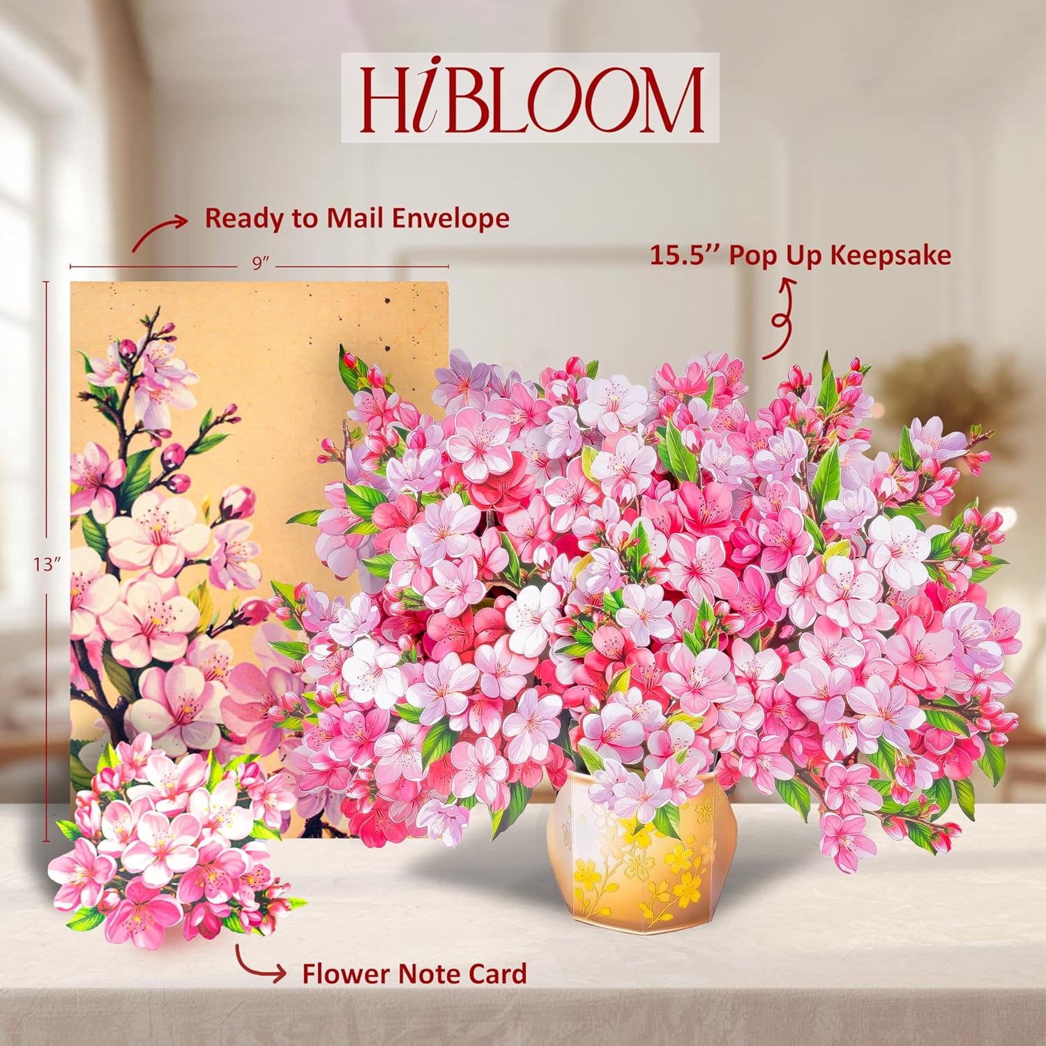 Cherry Blossoom Pop Up Card, 15.5 Inches Real Size Display 3D Valentine Greeting Card, Paper Flower Bouquet, Gift For Valentines Day, Birthday, Mothers Day, Includes Envelope & Message Note