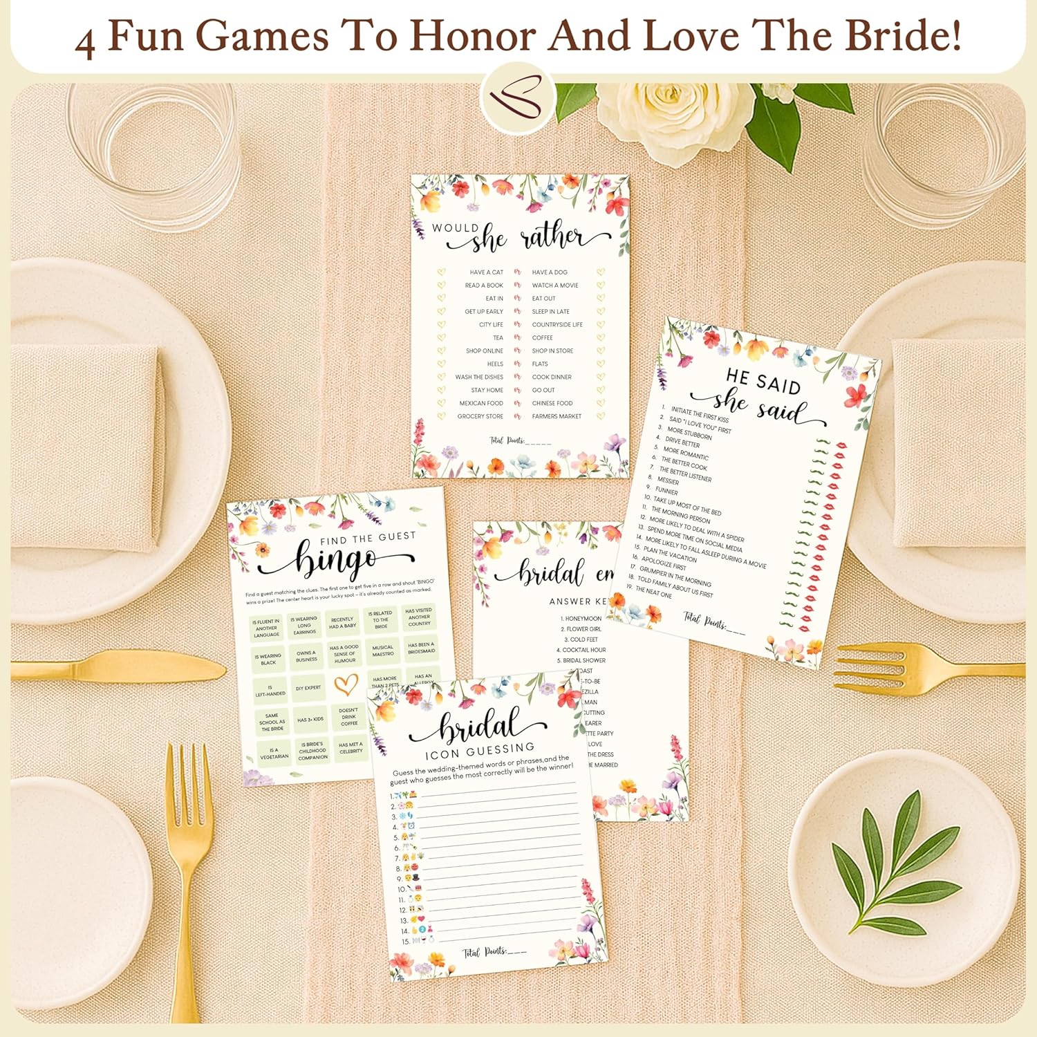Hilarious Bridal Shower Games 30 Guests - Wedding Games For Reception Decorations, Funny Find The Guest Bingo Game, He Said She Said Would She Rather Wildflower Bridal Shower Decorations