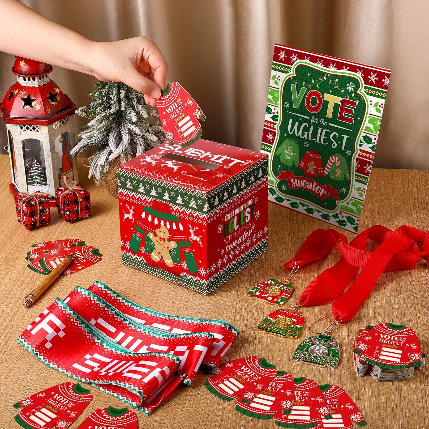 68 Pcs Christmas Ugly Sweater Party Voting Cards With Ugly Sweater Contest Ballot Box 60 Voting Cards 3 Medal Awards 3 Sweater Award Sashes 1 Table Sign For Holiday Xmas Party Game Supplies