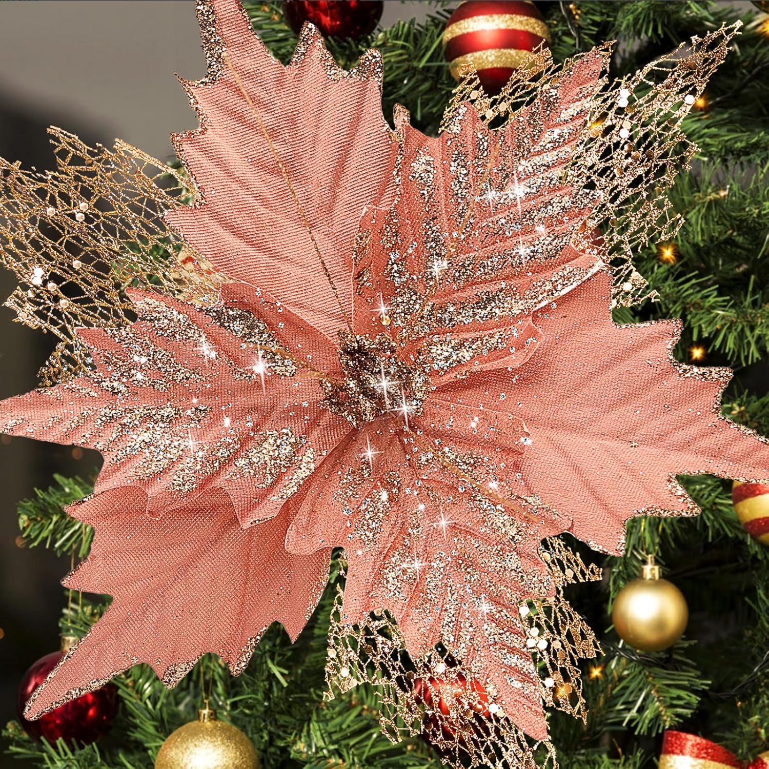 10'' Large Christmas Glitter Poinsettia Flowers Decorations, 10 Pcs Christmas Tree Picks Ornaments Artificial Flowers With Long Stems For Xmas Tree Wreath Garland Wedding Party Diy Decor