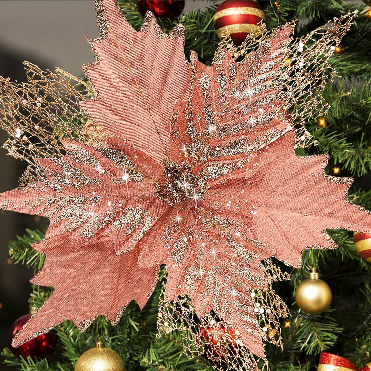 10'' Large Christmas Glitter Poinsettia Flowers Decorations, 10 Pcs Christmas Tree Picks Ornaments Artificial Flowers With Long Stems For Xmas Tree Wreath Garland Wedding Party Diy Decor