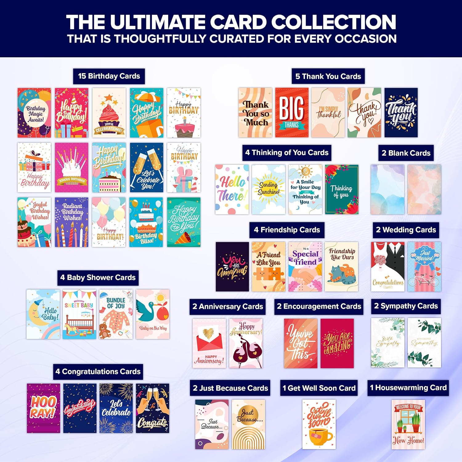 50 Pack Gold Foiled & Glittery 5X7In All Occasion Cards Assortment Box With Envelopes & Stickers, 50 Unique Designs For Friends, Family And Loved Ones With Printed Message - Gifting, Mailing