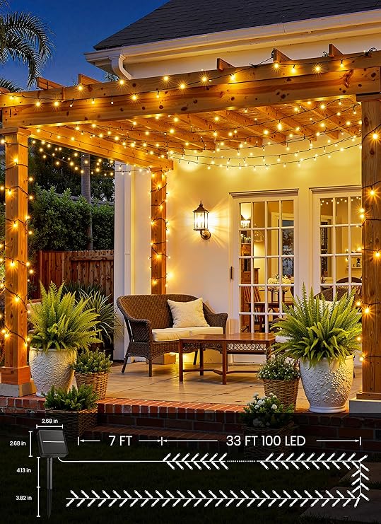 2 Pack 80FT Solar String Lights 200 LED Warm White Waterproof Patio Garden Lights