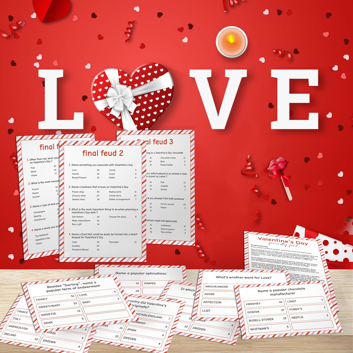 Valentine'S Day Family Feud Game,Funny Valentine'S Day Party Games, Valentine'S Day Trivia Game, Family Feud Quiz Holiday Games For Groups Qrj-Ff01
