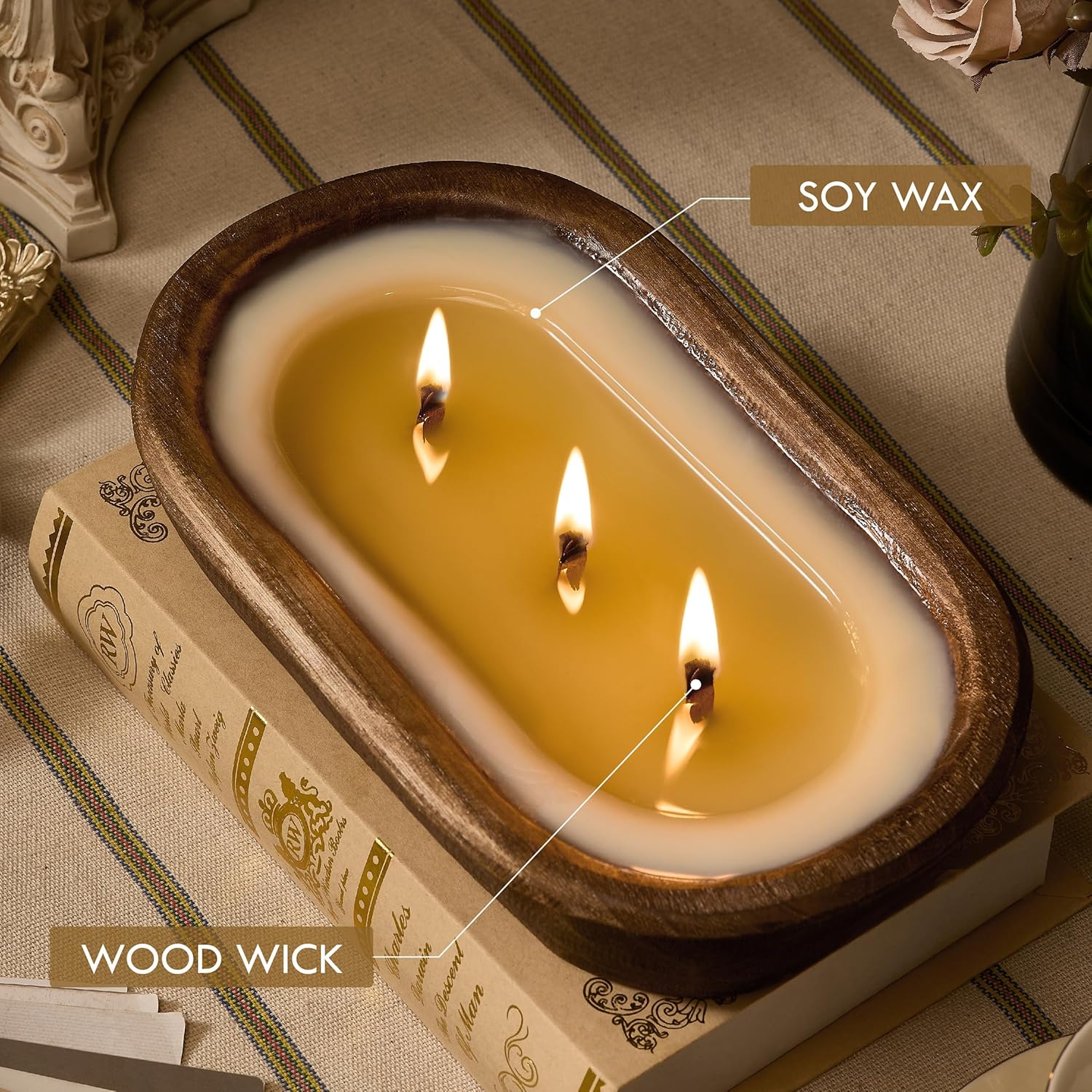 3 Wick Dough Bowl Candle, Vanilla Scented Candle With Brown Wooden Bowl, 10 Inch Large Soy Wax Candle For Home Decor, Living Room, Bedroom, Christmas Gifts For Men & Women