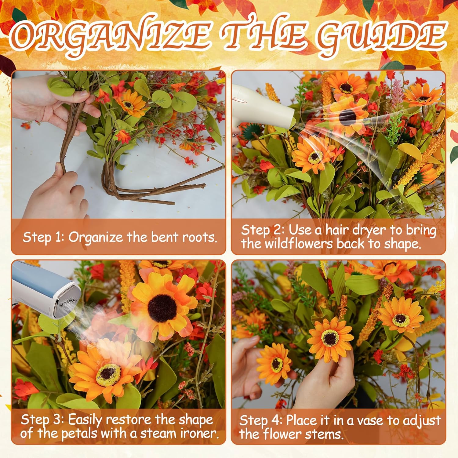 Fall Flowers Artificial For Decoration?6-Pack Fake Wildflowers With Faux Sunflowers Eucalyptus Stems Lavender Fall Floral Arrangement For Vase Tables Indoor Kitchen Wedding Party Decor (Autumn)