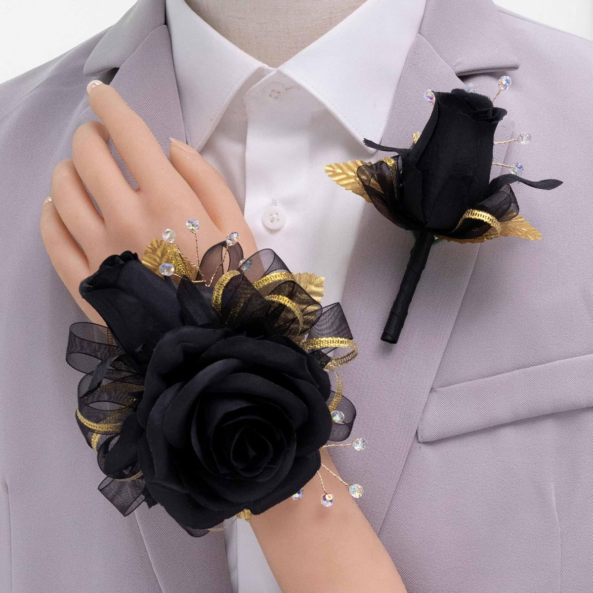 Black Rose Corsage And Boutonniere Set Prom Flower Wrist Corsage Wristlet And Boutonniere Set For Wedding Homecoming Party Decor