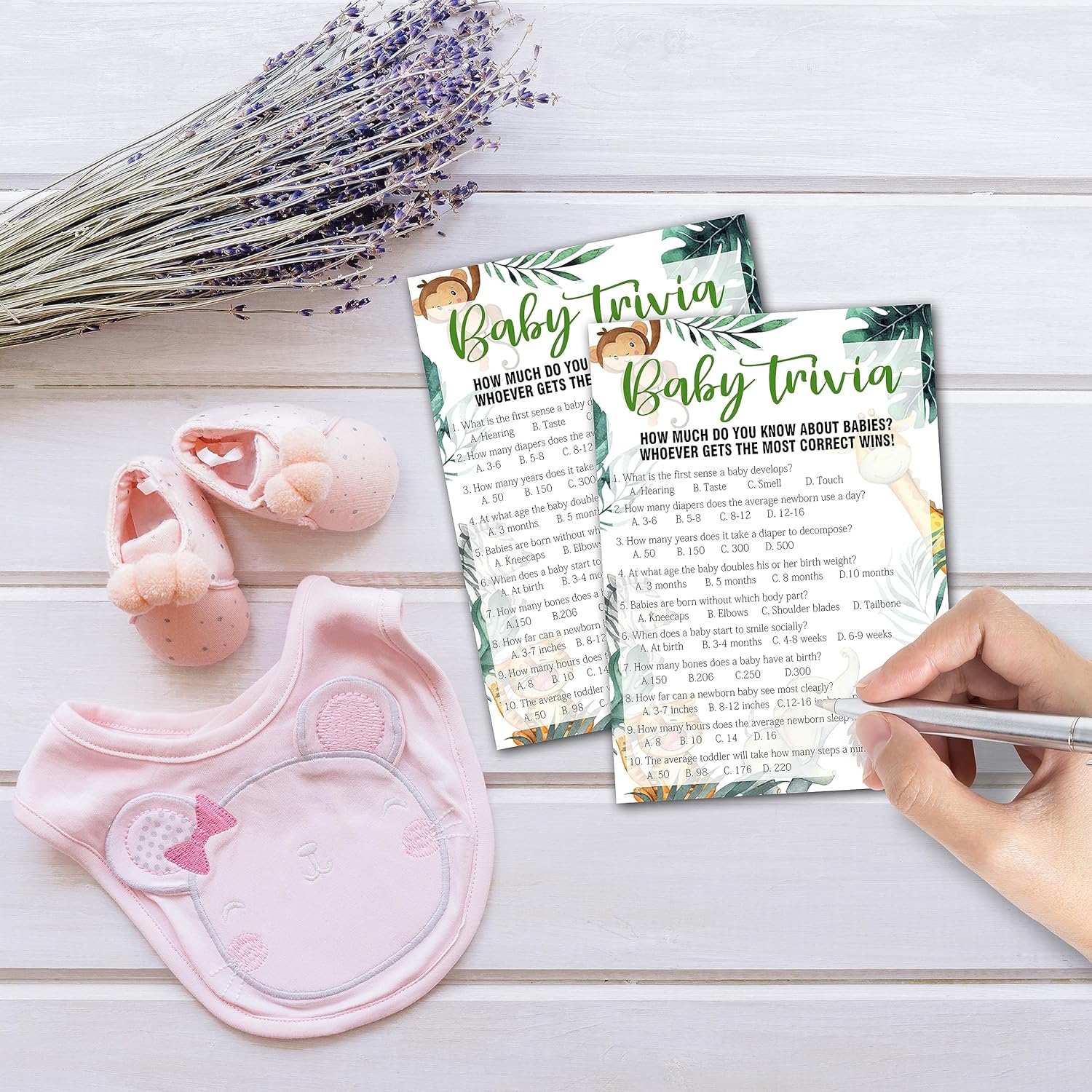 Woodland Baby Trivia Baby Shower Games, 25 Safari Animals Gender Neutral Cards With 1 Answer Card, Gender Reveal Party Game Set For Women, Men-A39