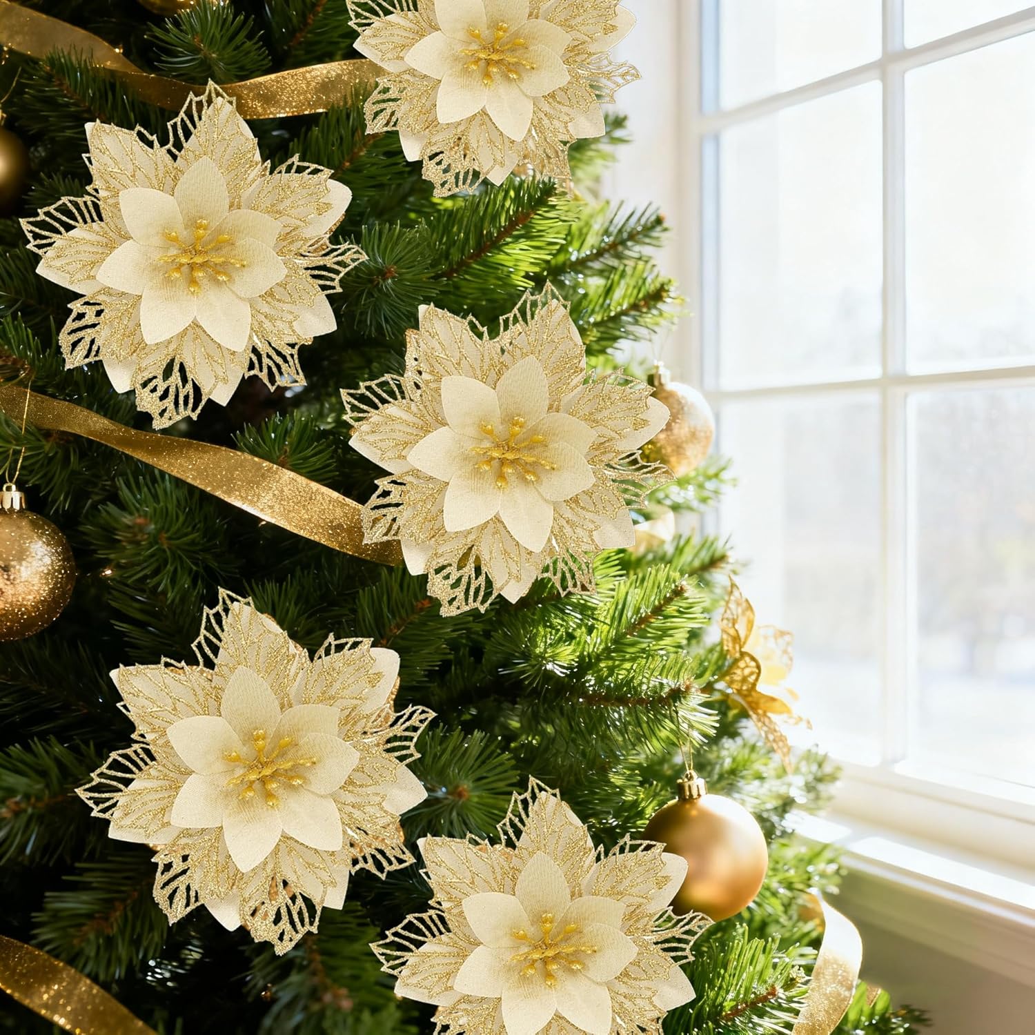Poinsettia Flowers For Christmas Tree, 12 Pcs Glitter Christmas Flowers Artificial Poinsettia Flowers With Clips Stems Xmas Tree Ornaments For Christmas Party Wreath Decoration (Hollow Gold)