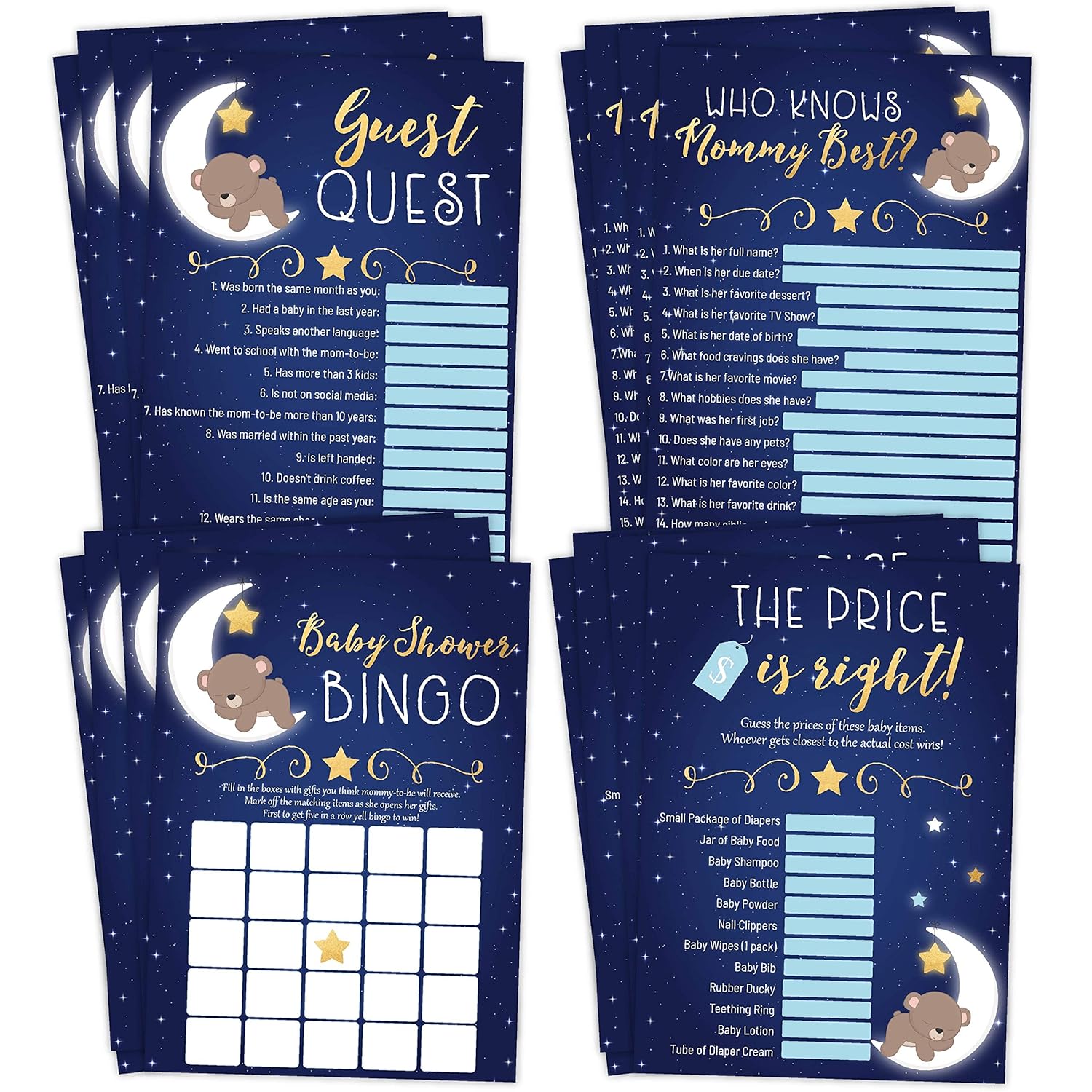 Moon Bear Boy Baby Shower Games - Bingo, Find The Guest, The Price Is Right, Who Knows Mommy Best - 25 Games Each, Printed Front And Back, 1 Game Per Side