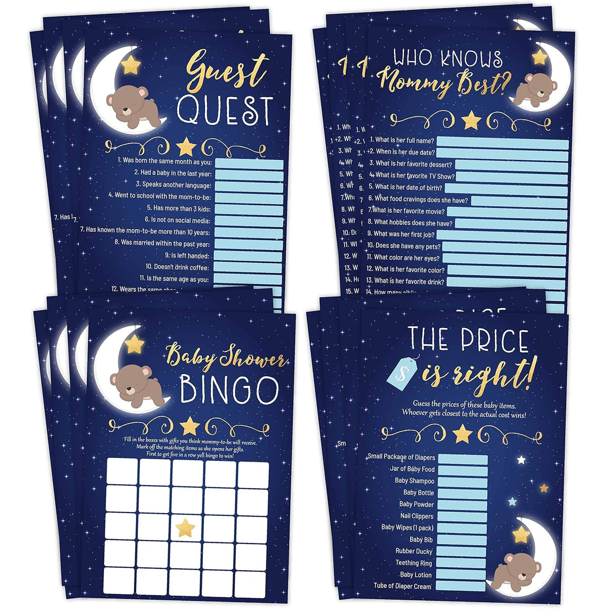 Moon Bear Boy Baby Shower Games - Bingo, Find The Guest, The Price Is Right, Who Knows Mommy Best - 25 Games Each, Printed Front And Back, 1 Game Per Side
