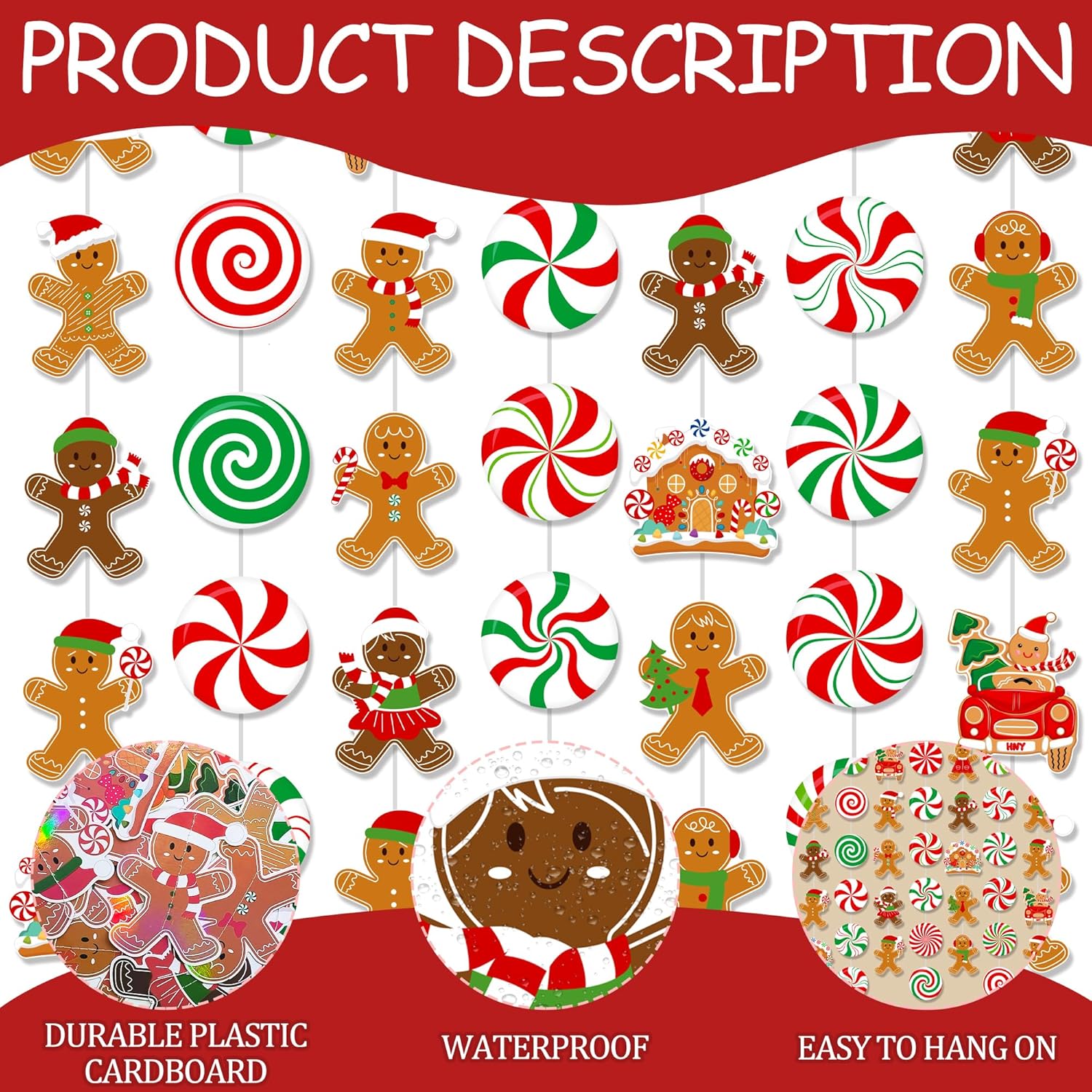 Gingerbread Man Hanging Garlands 8Pcs Christmas Party Supplies Christmas Candy Cane Peppermint Hanging Paper Garlands Gingerbread House Banner For Boys Girls Xmas Santa Claus Holiday Decor
