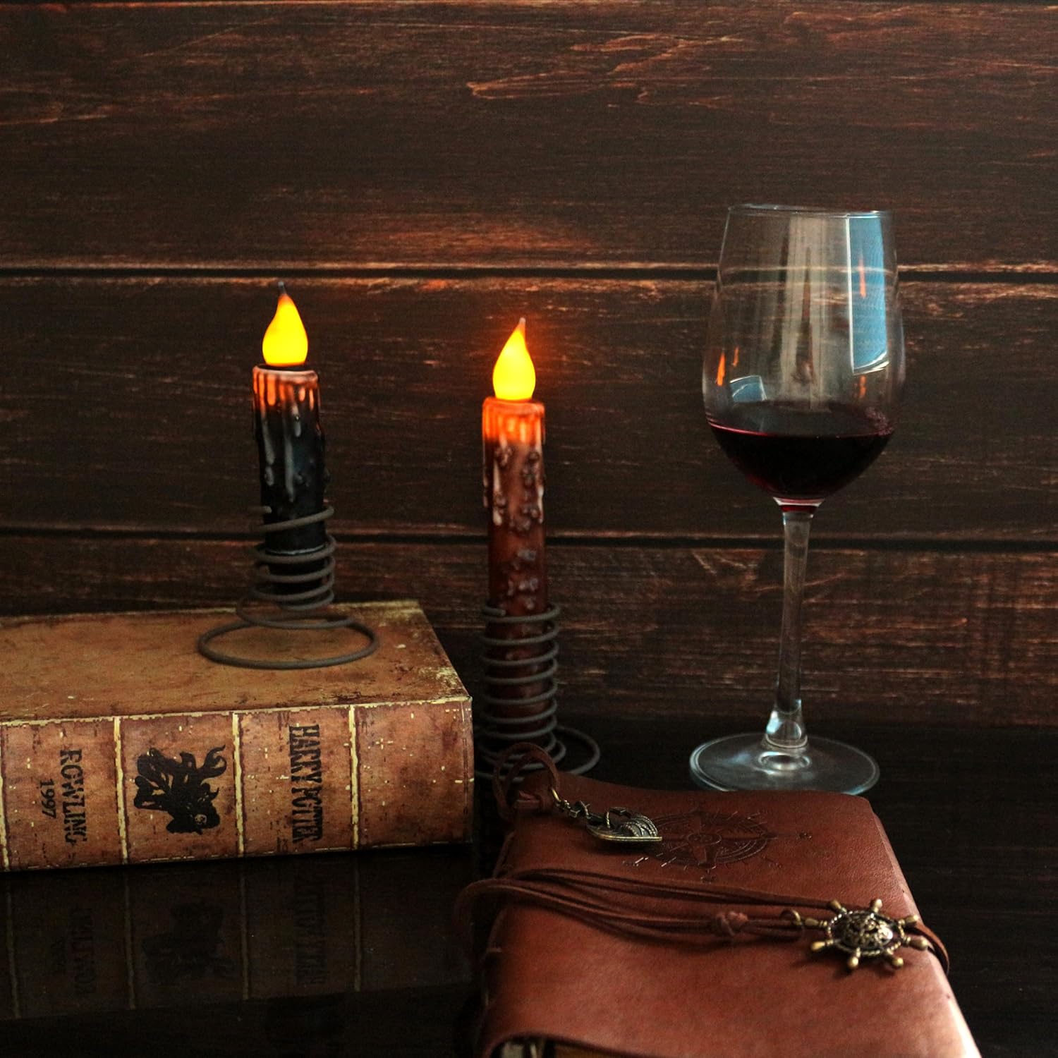Real Wax Hand Dipped Battery Operated Led Timer Taper Candles Rustic Primitive Flameless Lights Décor, 4-3/4 Inch, Matt Black, 6 Pcs In A Package