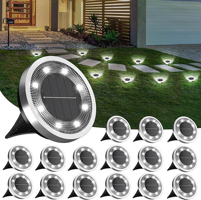 16 Pack Solar Ground Lights Cold White Waterproof Garden Landscape Pathway Lights