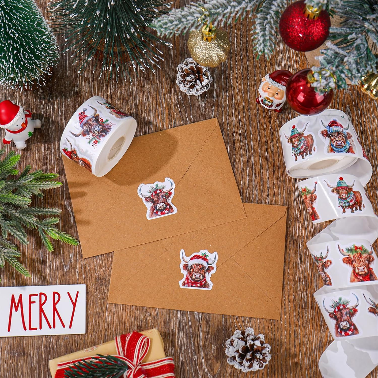 1000Pcs Christmas Highland Cow Roll Stickers Watercolor Rustic Cow Self-Adhesive Label Decals For Winter Xmas Seal Cards Envelopes, 2 Rolls, 12 Designs