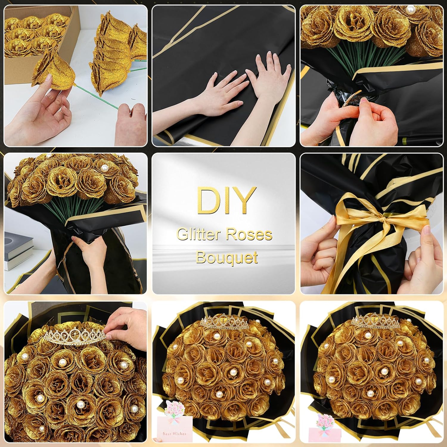 Diy Glitter Roses Bouquet Gold- 36 Pack Fake Shiny Flowers With Stems Eternal Floral For Graduation Handmade Wedding Bouquet Anniversary Birthday Gift, Mother'S Day Gifts For Her