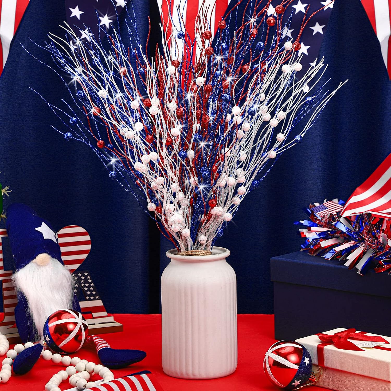 16 Pack Red White And Blue Artificial Flowers 17 Inches 4Th Of July Glitter Sticks Floral Picks Fourth Of July Tree Decorations Stem Branches Ornaments For Vase Independence Day Decor