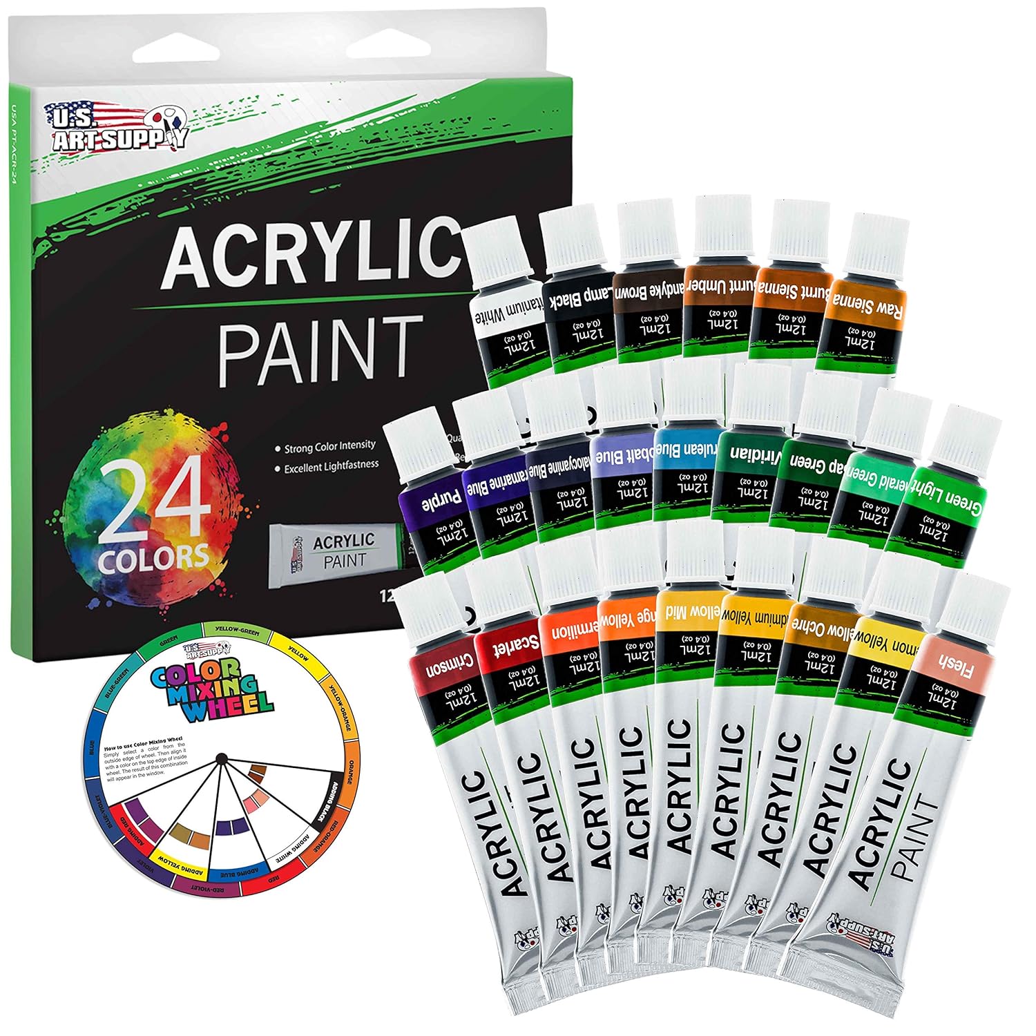 24 Color Professional Acrylic Paint Set In 12Ml Tubes - Art Painting Supplies For Adults, Artists, Students, Beginners - Canvas Portrait Paintings