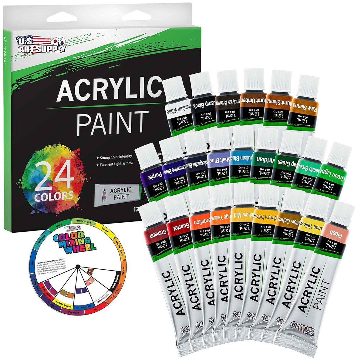 24 Color Professional Acrylic Paint Set In 12Ml Tubes - Art Painting Supplies For Adults, Artists, Students, Beginners - Canvas Portrait Paintings