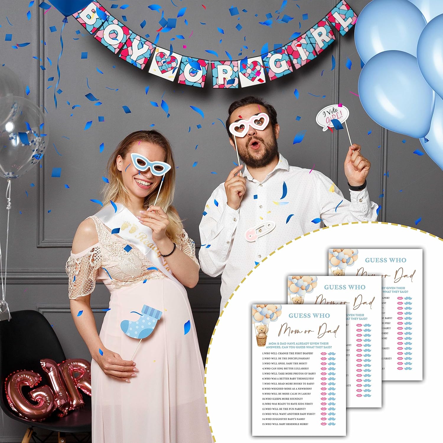 Bear Balloon 30 Guess Who Mom Or Dad Game Cards, We Can Bearly Wait Gender Reveal Party Supplies Favors (5"X7") - E05
