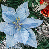 Christmas Glitter Poinsettia Christmas Tree Ornaments Pack Of 12 (Blue)