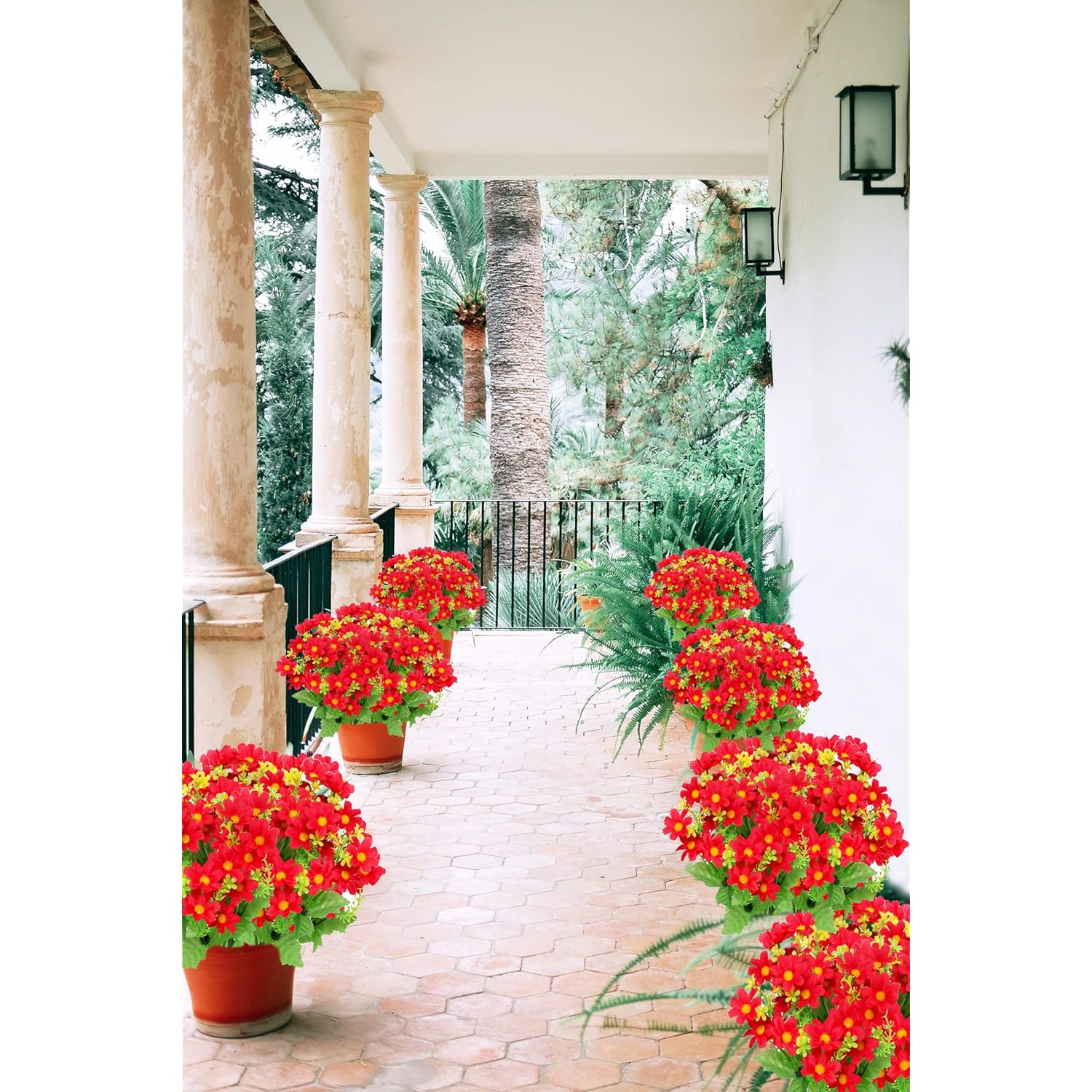 Artificial Daisy Flowers 6 Bundles, Uv Resistant Fake Silk Flowers, No Fade Greenery Shrubs Plants For Garden Farmhouse Porch Wedding Indoor Outdoor Home Decor (Red)