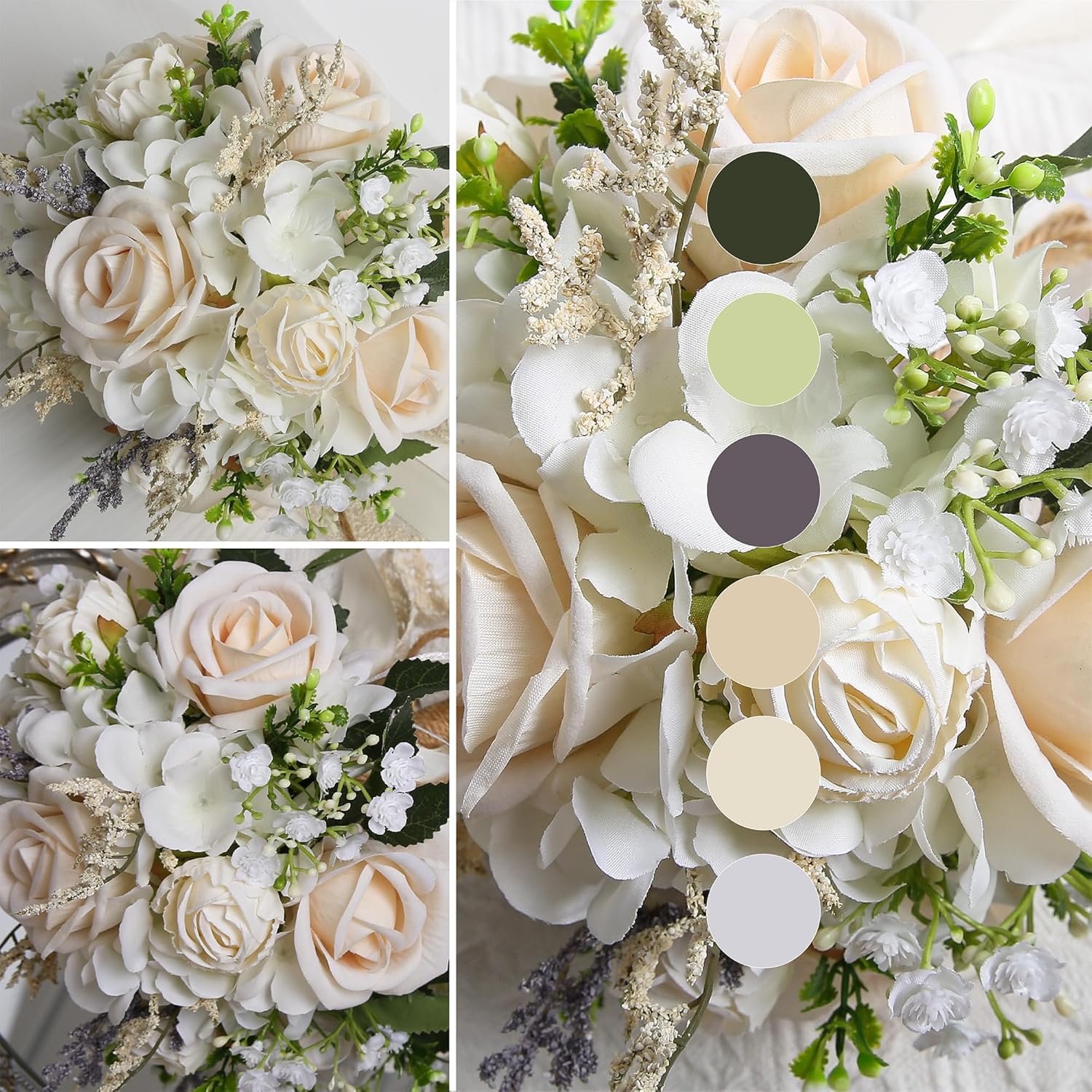 Wedding Bouquets For Bride Bridesmaid, White Champagne Artificial Roses Flowers With Ribbon Bow For Wedding Prom Church Decoration, Ceremony, Anniversary (8In)