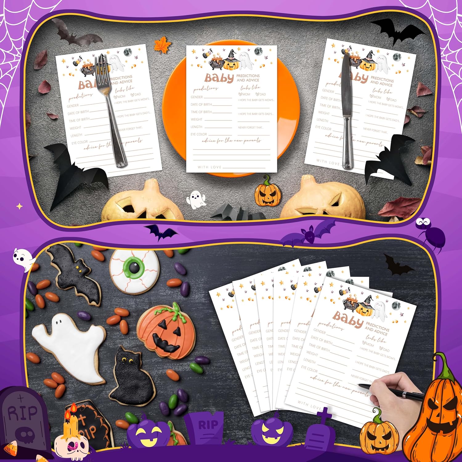 Baby Prediction Cards, Halloween Shower Games, Gender Reveal Party Favors - 25 Double-Sided