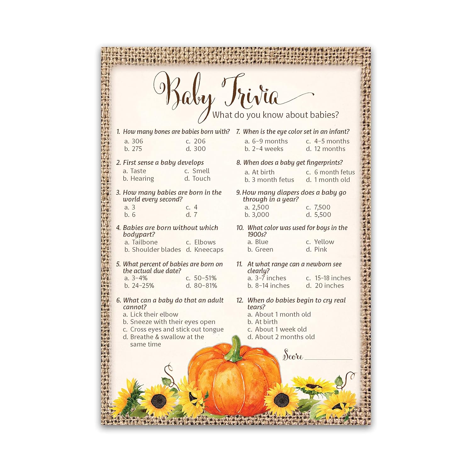 Pumpkin Baby Shower Game, Pumpkins Baby Trivia Game — Pack Of 25 — Fall Baby Shower, Rustic Gender Neutral Baby Shower Games, Little Pumpkin Autumn Fall Baby Halloween Baby Party Games Sku G331-Trv