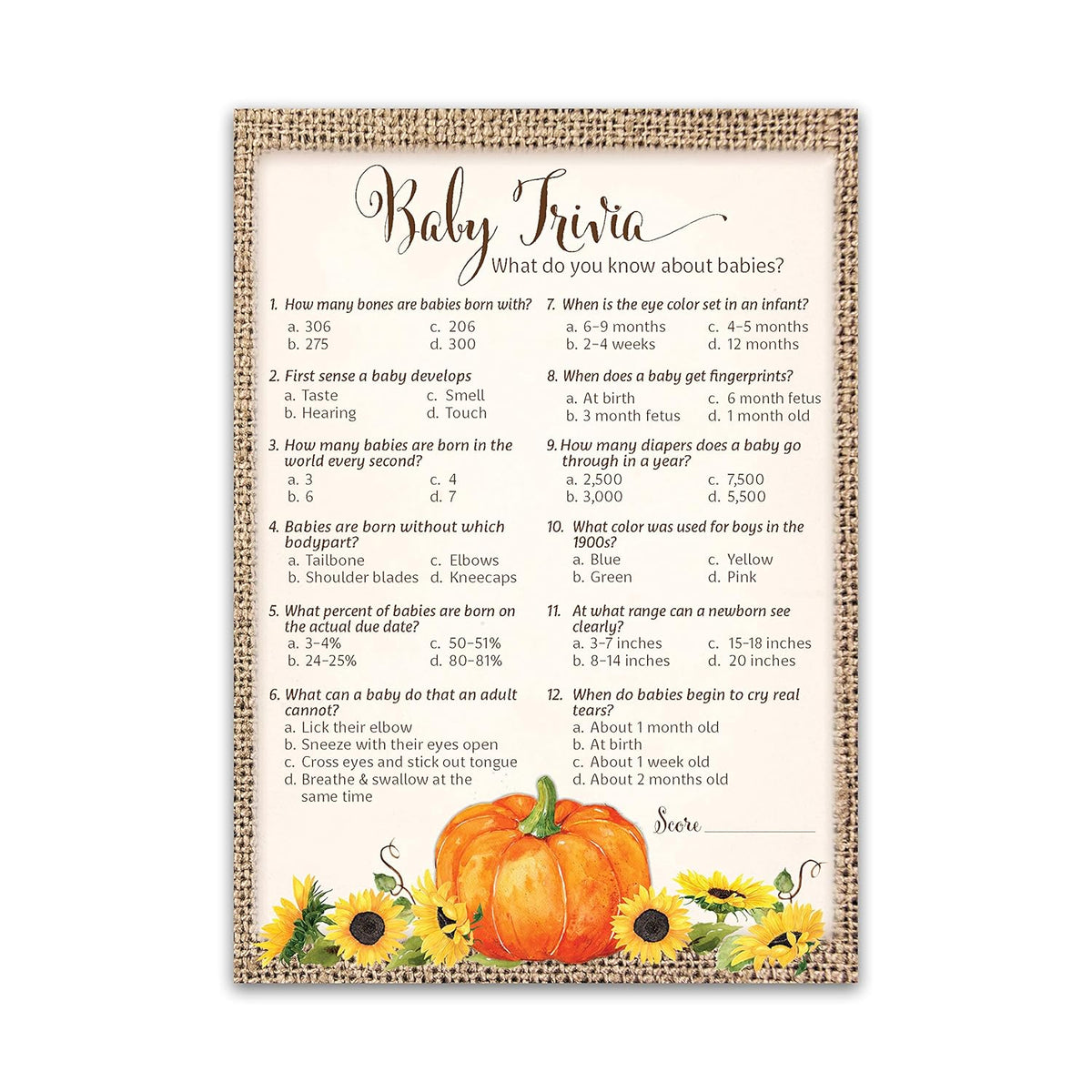 Pumpkin Baby Shower Game, Pumpkins Baby Trivia Game — Pack Of 25 — Fall Baby Shower, Rustic Gender Neutral Baby Shower Games, Little Pumpkin Autumn Fall Baby Halloween Baby Party Games Sku G331-Trv