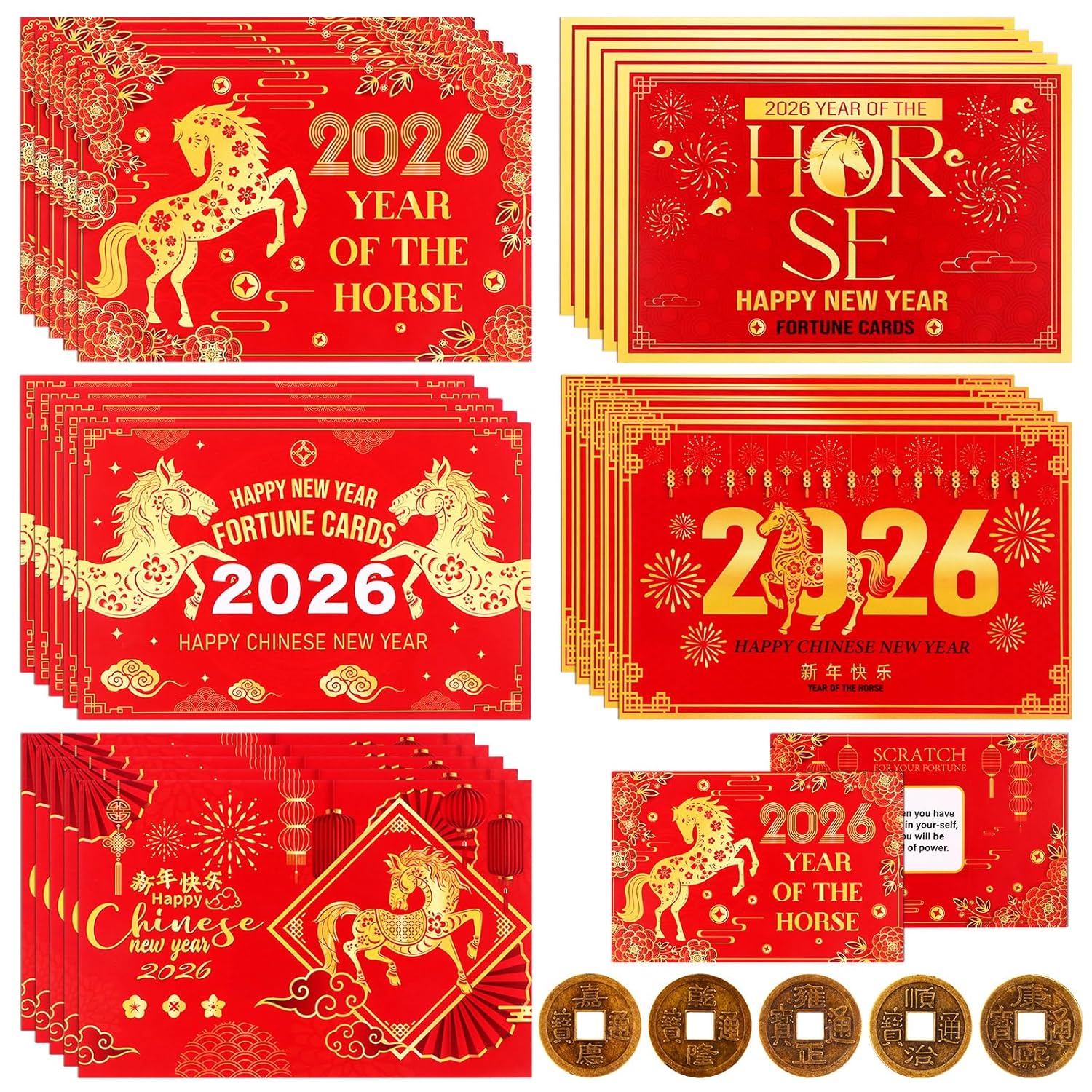 125 Pcs Chinese New Year Scratch Off Fortune Cards With 25 Feng Shui Coins 2026 Year Of The Horse Party Fortune Games Red Chinese New Year Scratch Off Cards For Spring Festival Lunar New Year Decor