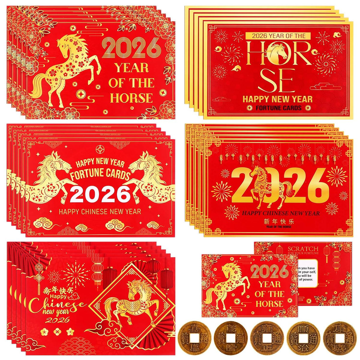 125 Pcs Chinese New Year Scratch Off Fortune Cards With 25 Feng Shui Coins 2026 Year Of The Horse Party Fortune Games Red Chinese New Year Scratch Off Cards For Spring Festival Lunar New Year Decor