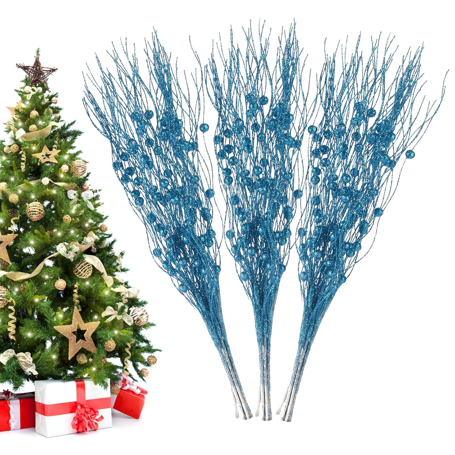 Christmas Artificial Glitter Berry Stem Decorations Decorative Bead Sticks Xmas Picks Glittery Twigs Branches For Christmas Tree Wreath Gift Vase Decor Party Ornaments Blue 24 Pcs