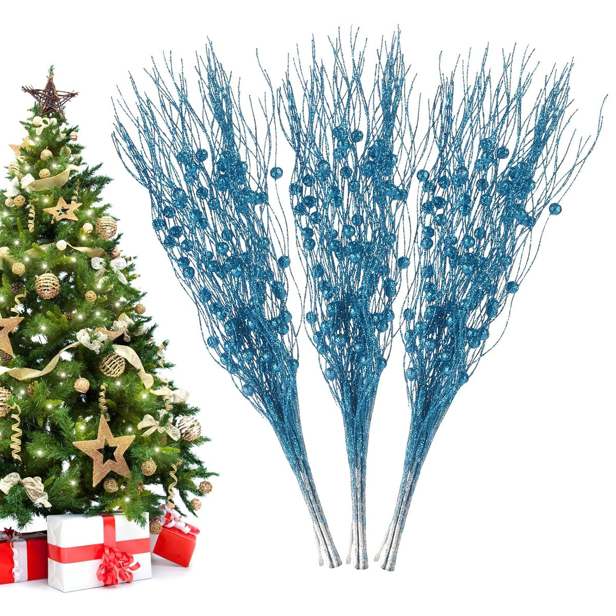 Christmas Artificial Glitter Berry Stem Decorations Decorative Bead Sticks Xmas Picks Glittery Twigs Branches For Christmas Tree Wreath Gift Vase Decor Party Ornaments Blue 24 Pcs