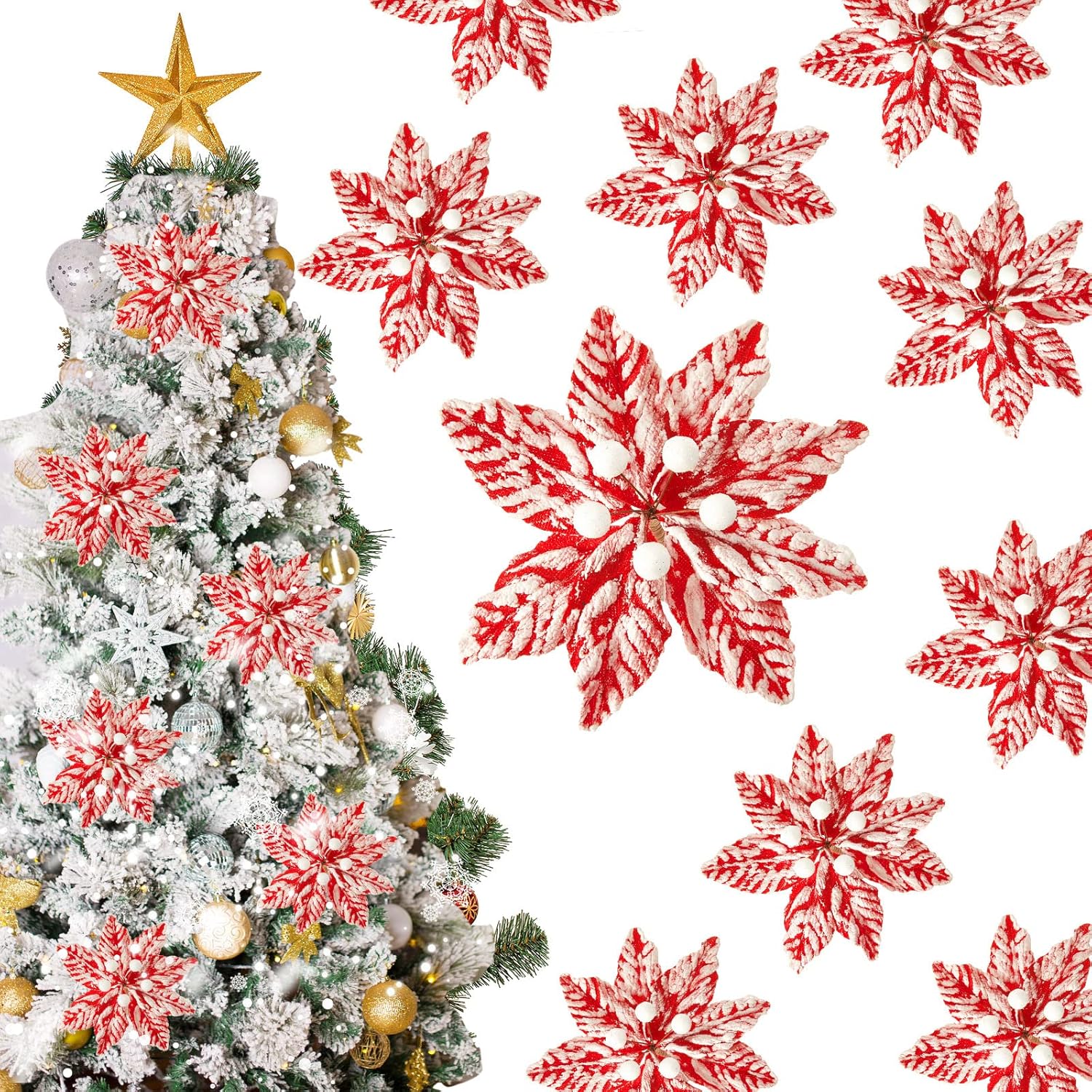 24 Pieces Red White Poinsettia Artificial Christmas Flowers Decoration Snow Spray Christmas Tree Picks Decorative Stem For Xmas Wreath Decorations (5.5 Inches)