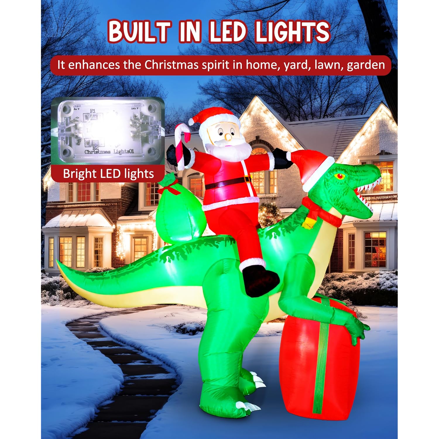 9Ft Christmas Inflatables Santa Riding Dinosaur With Built-In Led,Dinosaur Inflatable Christmas Blow Up Yard Decorations