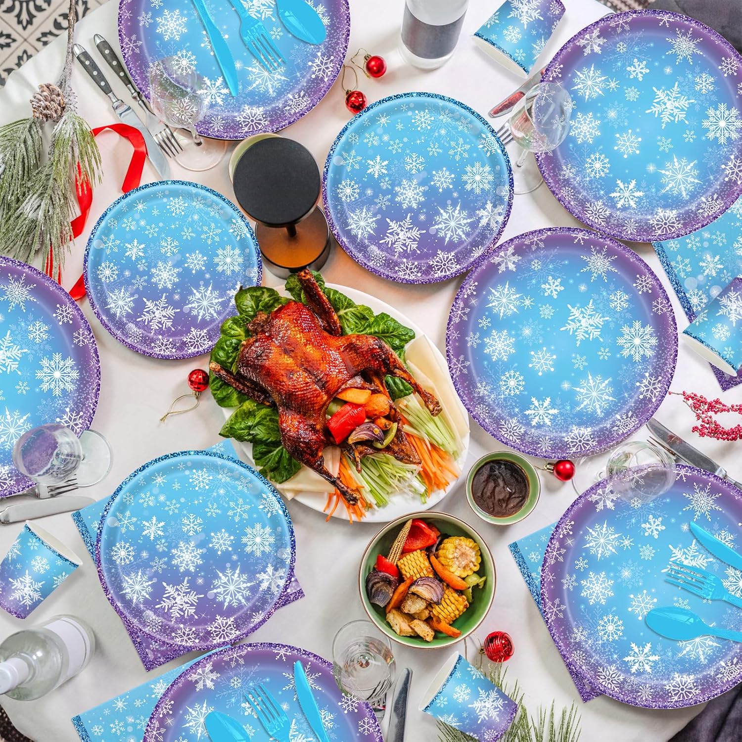 170Pcs Frozen Birthday Party Decorations Purple And Blue Snowflake Winter Wonderland Include Disposable Plates, Cups, Cutlery, Banner, Tablecloth For Christmas Winter Wonderland Decorations