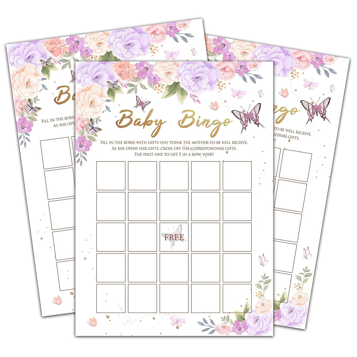 Baby Shower Games For Girls, Purple Butterfly Bingo Game For Baby Shower, Purple Floral Gender Reveal Parties Decorations, 5" X 7" Double-Sided Cards(30 Games)-A03