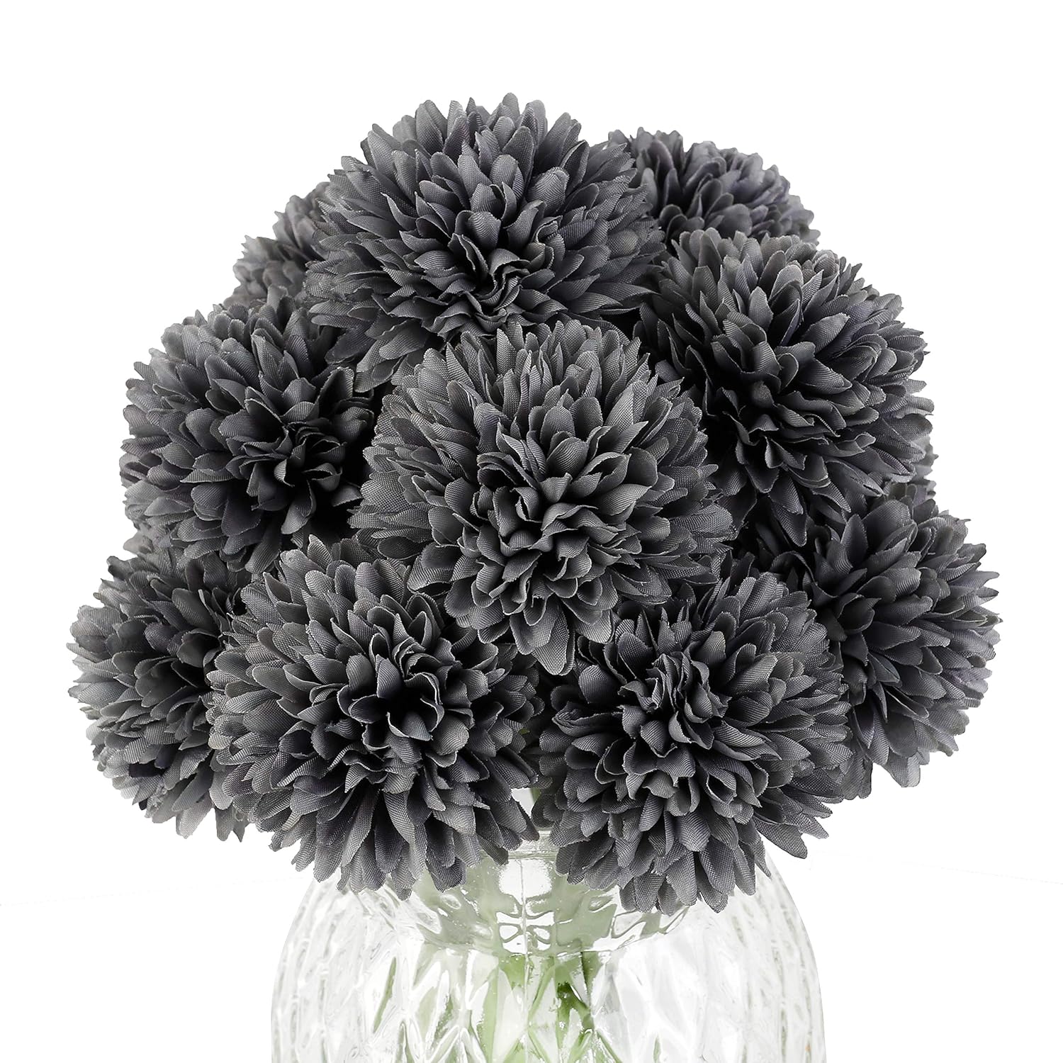 Artificial Flowers, 12Pcs Fake Flowers Silk Artificial Chrysanthemum Ball Hydrangea Bridal Wedding Bouquet For Home Garden Party Wedding Decor (Grey, 12 Pcs)
