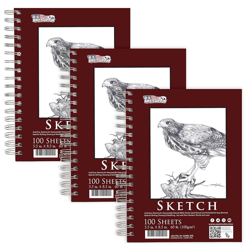 5.5" X 8.5" Side Spiral Bound - 60Lb Sketch Drawing Pad (Pack Of 3 Pads) - 100