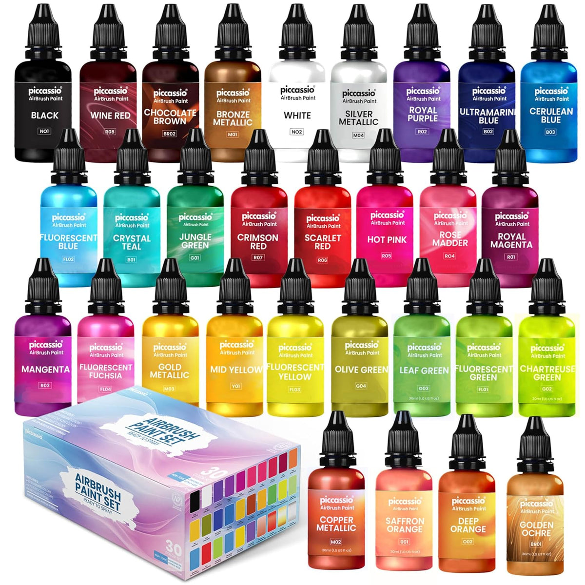 Airbrush Paint, 30 Water-Based, Quick-Drying Colors For Artists & Beginners, Ideal For Wood, Ceramic, Paper, Plaster, Canvas, Plastic (20 Ml/Bottle)