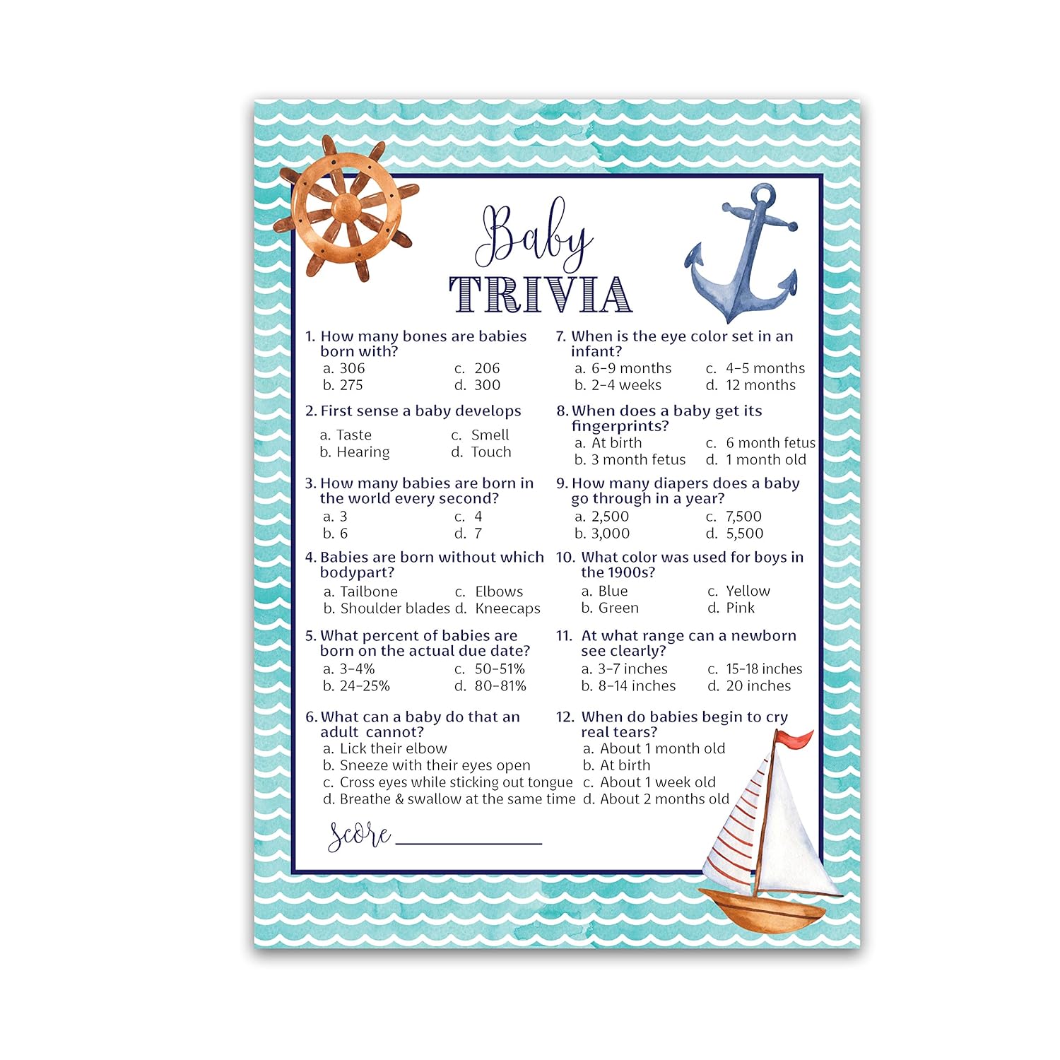 Nautical Baby Shower Games — Baby Trivia Game — Pack Of 25, Rustic Navy Blue Anchor, Ahoy Boy Couples Shower Game, Sail Boat Fun Baby Facts Gender Neutral Nautical Theme Shower Activity G807-Trv